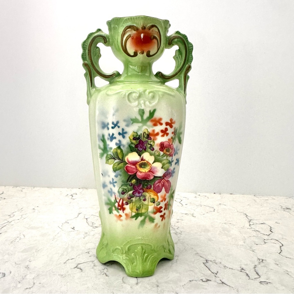 Vintage Antique Czech Pottery Ceramic Two Handled Vase Hand Painted Flowers